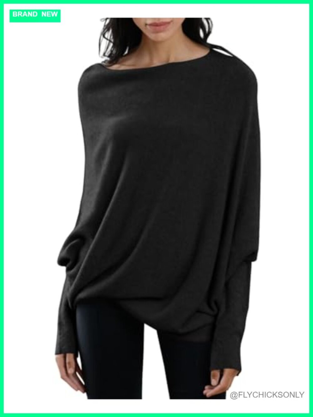 Batwing Boat Neck Knit Pullover Sweater Long Sleeve Loose Fit Women's